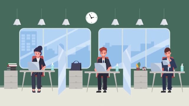 2D animation of office employees working on laptops at individual partitioned cubicles social distance concept