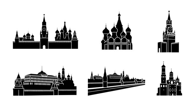 Moscow Skyline Silhouettes, Russian Architecture Icons, Kremlin Landmark Vector Set