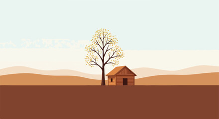 Naklejka premium Minimalist Cabin and Tree Landscape. Simple Cabin Illustration. Flat Vector Art. Earth Tone Design.