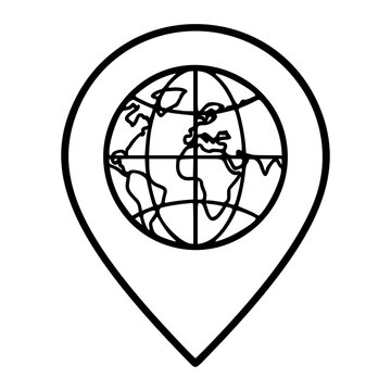Hand-drawn minimalist vector icon illustration of world map location pin with globe in clean black line outline style, perfect scalable travel symbol for geography navigation and tourism designs