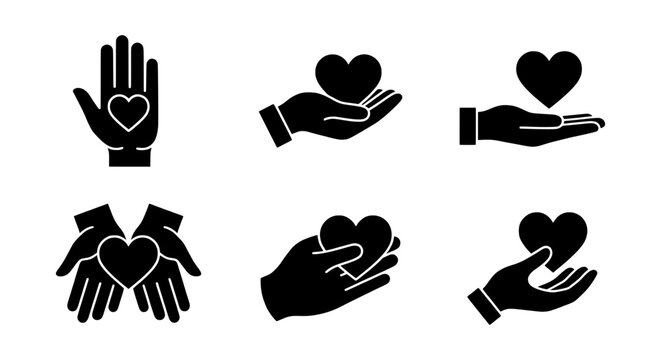 Heart Hands Icons, Vector Set: Love, Care, Support, Charity, Kindness Graphics