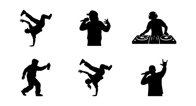 Hip Hop Dancers, Graffiti Artist, DJ Silhouettes: Urban Music Culture Vector Icons