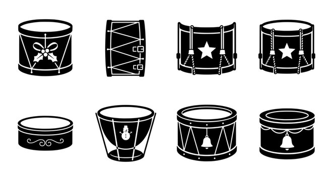 Christmas Drums Vector Icons, Festive Percussion Set, Holiday Music Symbols, Black and White