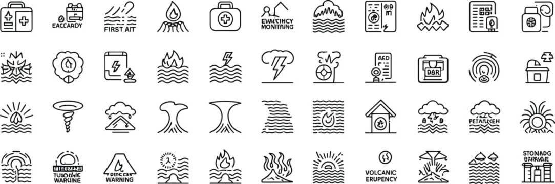 Natural disaster emergency preparedness and climate catastrophe line vector icon set with survival kits safety guides and warning symbols.Natural disaster emergency preparedness and climate catastroph