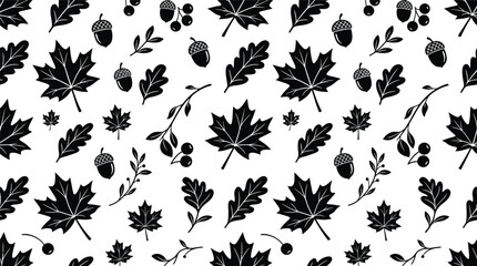 Seamless fall pattern with black silhouettes of maple and oak leaves, acorns, and berry branches on white background. Minimalist floral design for seasonal fabric and paper. © Berkah
