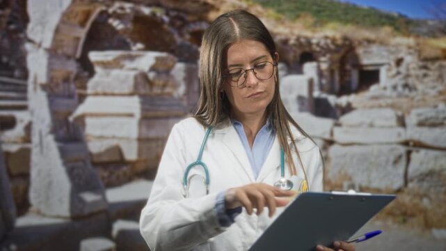 Woman doctor wearing glasses and stethoscope writing on clipboard with pen, hand visible in ancient building ruins; compassion concern.