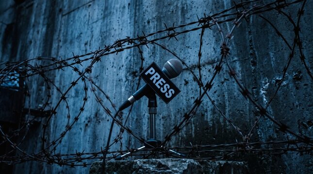 Press Microphone Entangled in Barbed Wire Symbolizing Restricted Freedom.