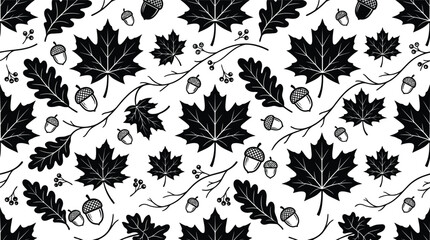 Seamless monochrome pattern featuring black silhouettes of maple leaves, oak leaves, acorns, and berry branches on a white background for autumn-themed textile design and decor. © Berkah