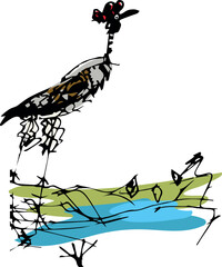 Obraz premium Hand drawn childish style crane bird standing in swamp water