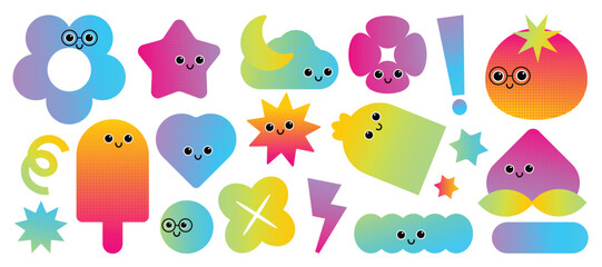 Naklejka premium Abstract funny and cute halftone characters set with face emotions. 