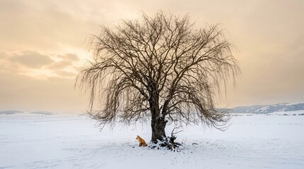 Fototapeta premium Majestic bare weeping willow tree stands alone in a snowy winter landscape while a bright red fox sits quietly near the bottom trunk.