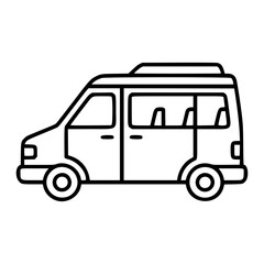 Hand-drawn minimalist vector illustration of an airport shuttle van icon with clean lines and scalable outline design perfect for travel transportation themes and graphic resources in digital projects © MDRAISULISIAM