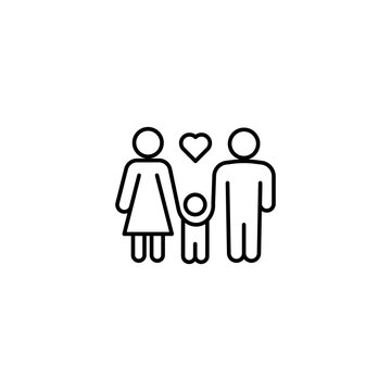Family Icon - Parents and Child with Heart Line Vector Icon, Mother Father Kid Love Symbol