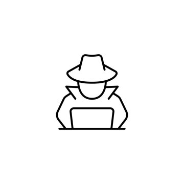 Hacker Icon - Anonymous Cyber Criminal with Laptop Line Vector Icon, Cyber Security and Data Theft Symbol