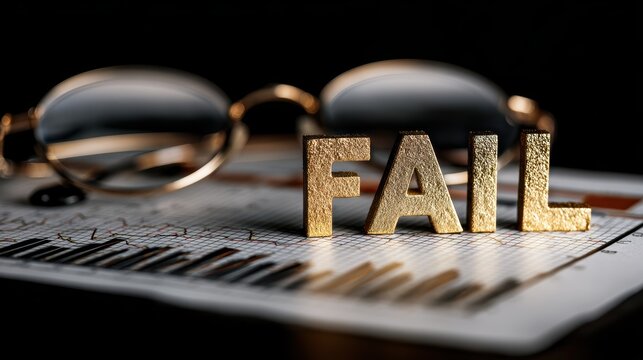 Golden Fail: A close-up shot of golden letters spelling FAIL placed on a financial chart next to a pair of glasses, symbolizing business disappointment and missed opportunities.