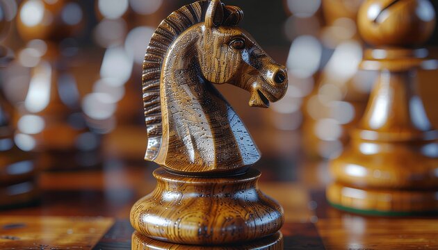 Closeup of a Wooden Chess Knight Piece on a Chessboard.
