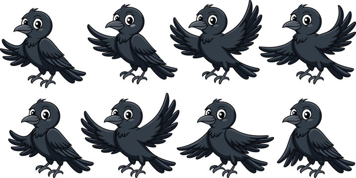 Cute black crow character poses set for game animation assets funny bird cartoon vectors graphic design elements