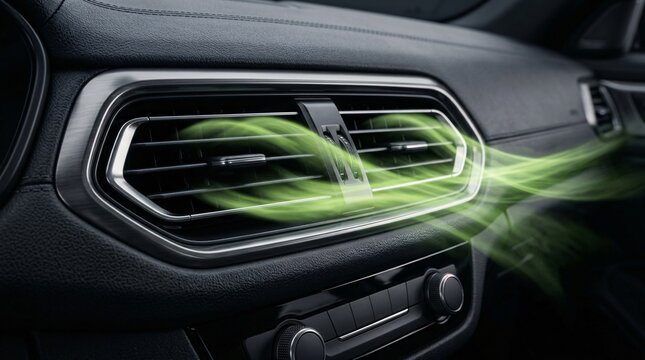 Modern automotive interior close-up reveals a sleek dashboard air conditioning vent blowing visible streams of vibrant lime green cold air.