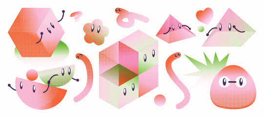 Naklejka na ściany i meble Abstract funny and cute halftone characters set with face emotions. 