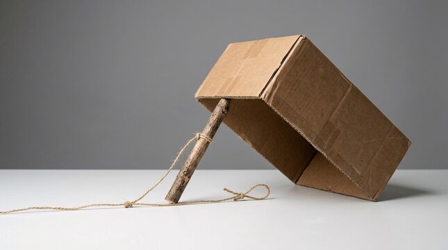 Cardboard box trap mechanism supported by a wooden stick tied to string on white surface.