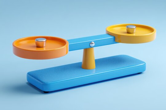 Balancing Act: A vibrant, colorful balance scale with orange and yellow pans rests on a blue base, symbolizing equilibrium and precision against a clean, light blue background.