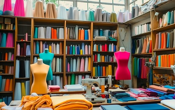 Abundant colorful spools of thread organized on shelves in sewing studio workshop.