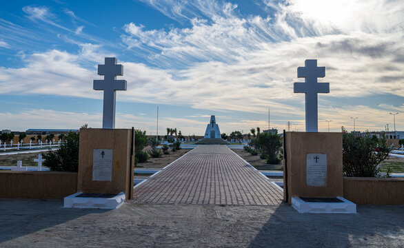 French cemetery for World War 2 soldiers in Tobruk, Eastern Libya with crosses and memorial