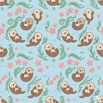 Seamless pattern of floating sea otters, pink starfishes, and green kelp swirls