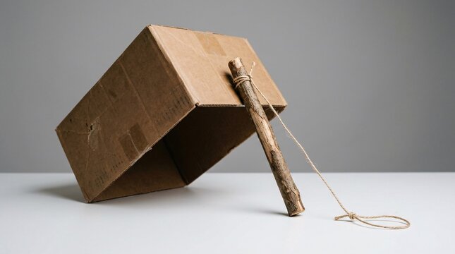 Simple homemade trap made with cardboard box propped by wooden stick and connected pulling string.
