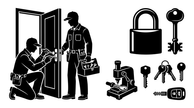 Locksmiths working on door with tools and keys around them