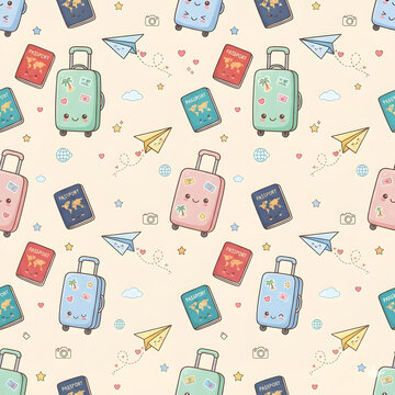  Seamless pattern of happy travel suitcases, cute passports, and paper airplanes