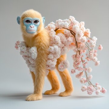 Fluffy pale golden blue-faced monkey intertwined with blooming pink cherry blossom sprigs, spring nature artwork for cosmetic campaign, floral brand print and seasonal retail promotional backdrop