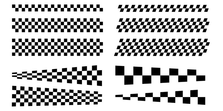 Set of Race flag lines frames . Black and white checker finish ribbon. Car race grid pattern. Rally border texture. checker lines. Chess graphic design element. Vector illustration isolated on white b