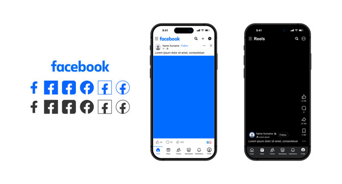 Facebook feed mockup with logo and emoticons. Social media mock up template. Facebook post frame carousel template.