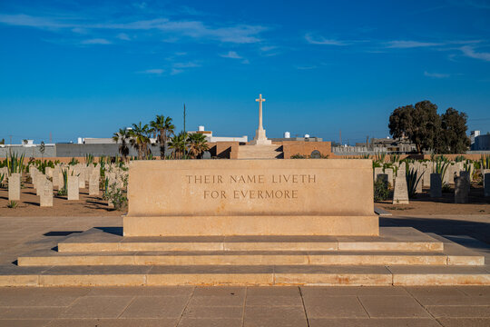 Memorial stone with inscription at British World War 2 cemetery in Tobruk, Eastern Libya during daylight
