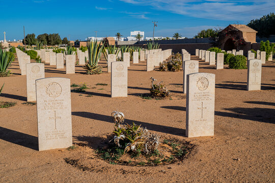 Graves at British World War 2 cemetery in Tobruk, showing memorials for fallen soldiers in Eastern Libya