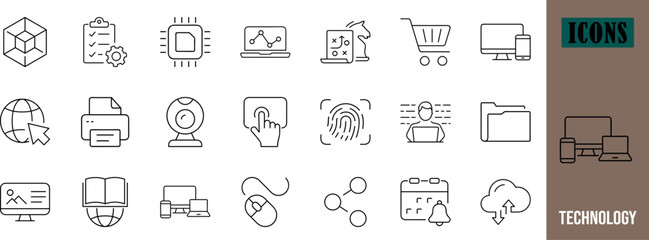 Modern technology business line icons. laptop icon set, shopping cart icon set, cloud icon set © FFY