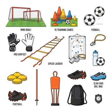 Soccer training gear and accessories are displayed in an organized set for athletic development.