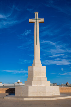 Memorial cross at British World War 2 cemetery in Tobruk, Eastern Libya, honors soldiers lost in battle