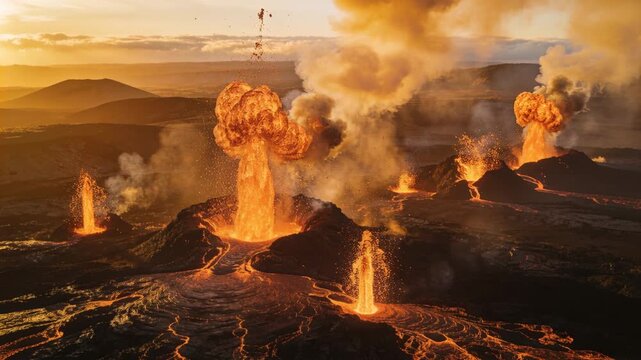 Intensifying central vent erupting and shooting lava across volcanic plateau, glowing channels