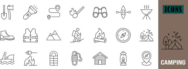 Outdoor adventure camping equipment icons. tent icon set, campfire icon set, compass icon set © FFY