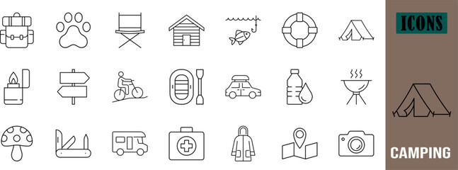 Outdoor adventure camping line icons. backpack icon set, tent icon set, car icon set © FFY