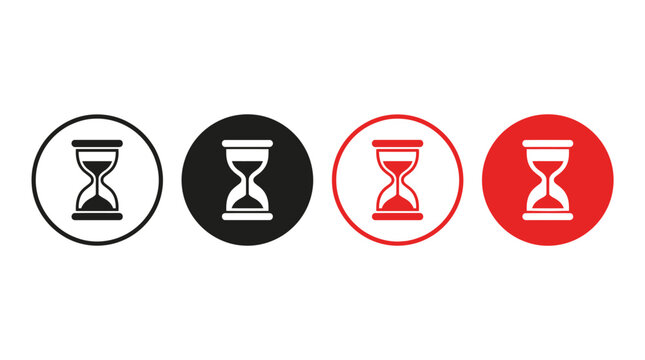 Four hourglass icons in black, white, and red circles on a white background