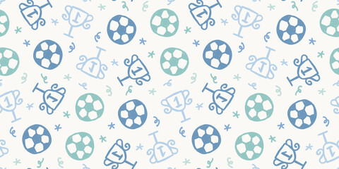 Obraz premium Seamless background pattern with dense hand drawn cute blue football soccer balls and trophies 