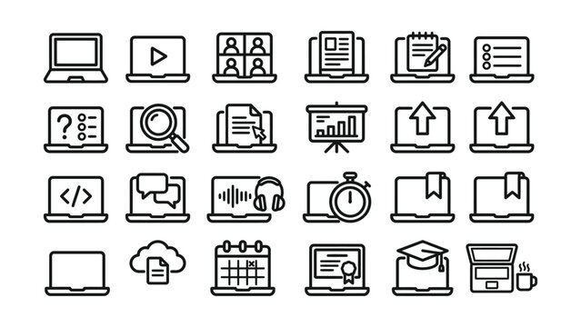 Black line icons of laptops and e-learning concepts on white background