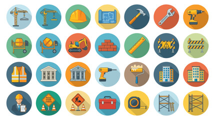 Construction Icons Set: Tools, Equipment, Buildings, Safety Symbols © Ulin