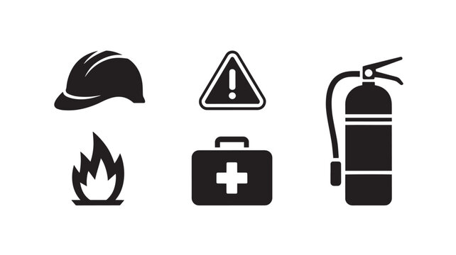 Safety icons including a hard hat, fire extinguisher, and medical kit represent essential workplace protection and emergency protocol.