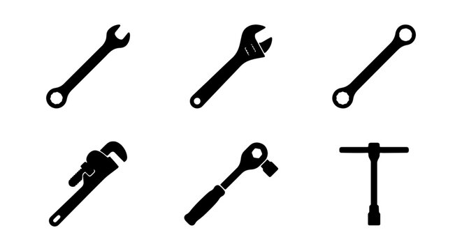Set of 6 Black Silhouette Tools: Wrenches, Ratchet, Pipe Wrench, Socket Wrench