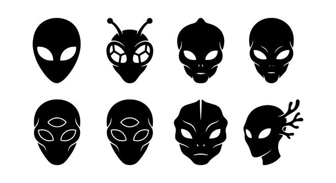 Alien Heads Vector Icons, Extraterrestrial Faces, Sci-Fi Characters, UFO Symbols, Cosmic Beings