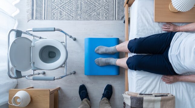Overhead flat lay of elderly woman and caregiver feet practicing safe transfer technique with balance pad beside bed and commode
